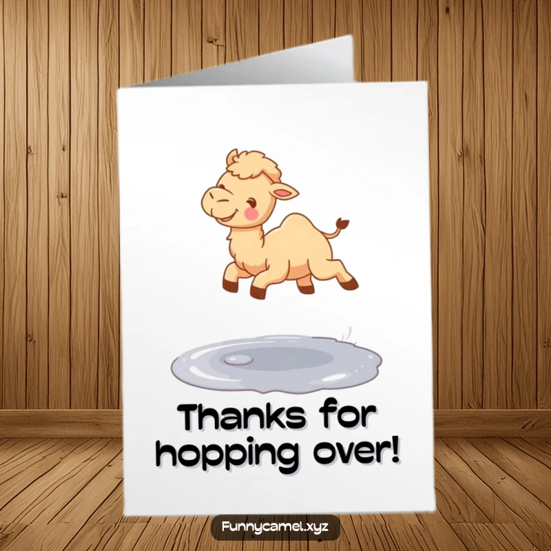 Funny Free Printable Thank You Card: Cute camel jumping over a puddle, a happy leap of thanks, pure delight.