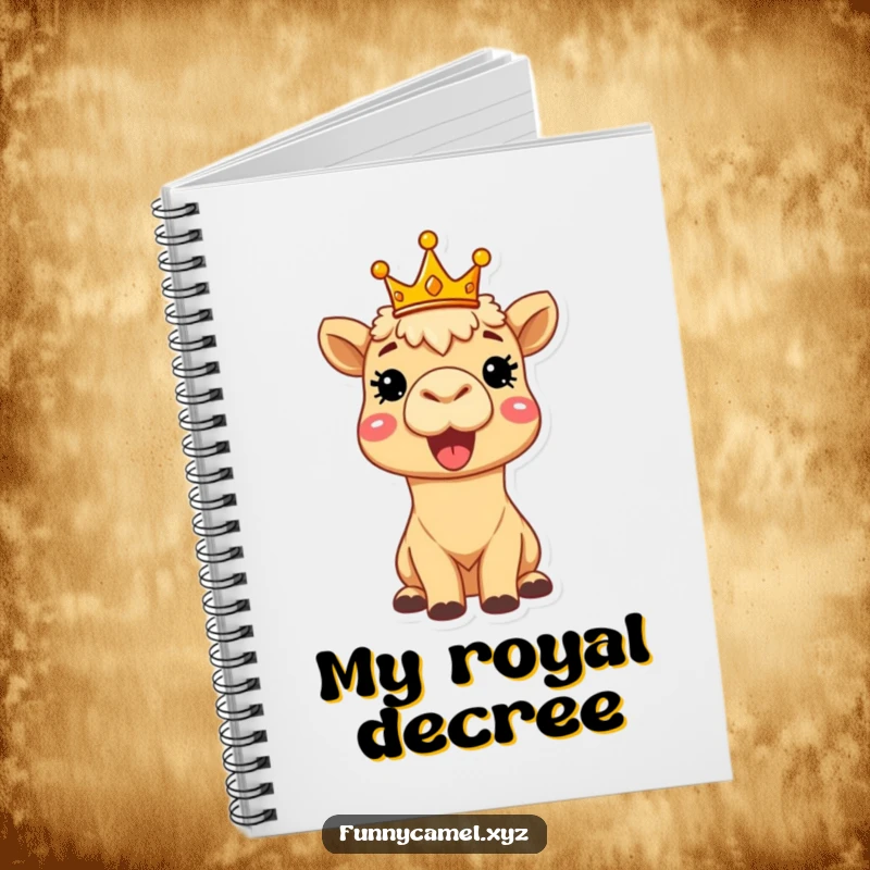 Funny delighted camel wearing a tiny crown, beaming brightly, showcased on a notebook cover for inspired royal musings.
