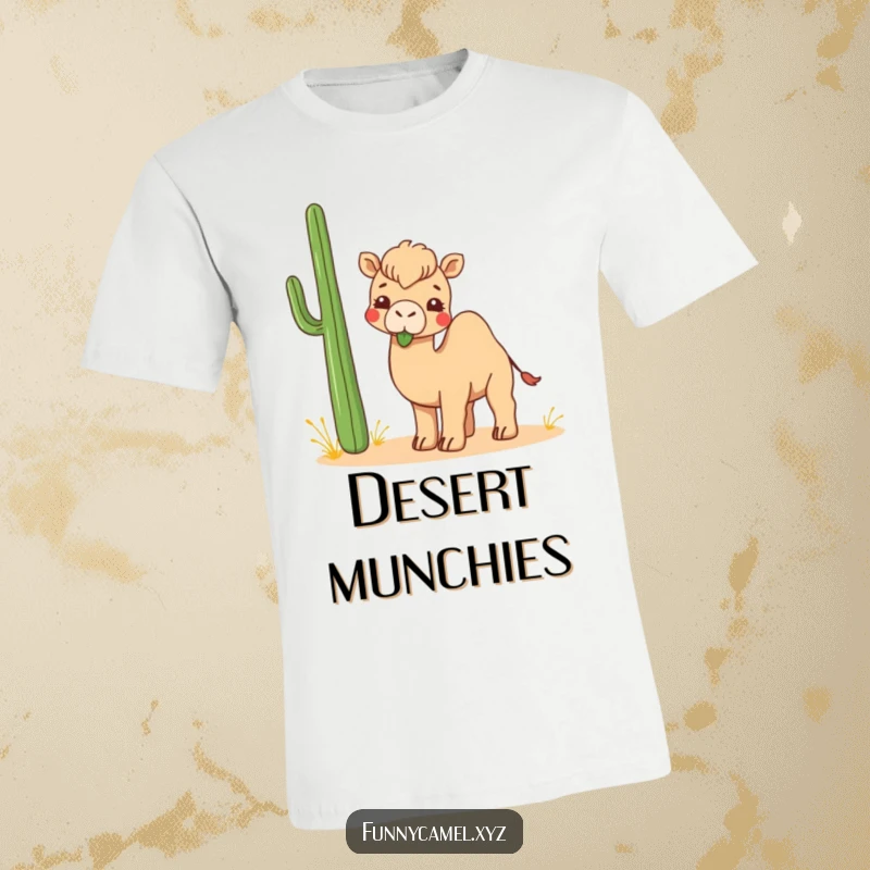 Funny Kawaii Camel T-Shirt showing a cute camel enjoying an abstract desert plant, bringing smiles and laughs.