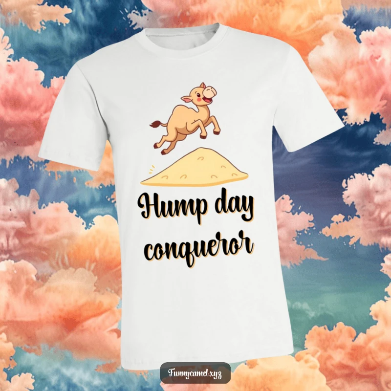 Funny determined camel leaping joyfully over a small sand dune, printed on a comfortable t-shirt, celebrating energetic freedom.