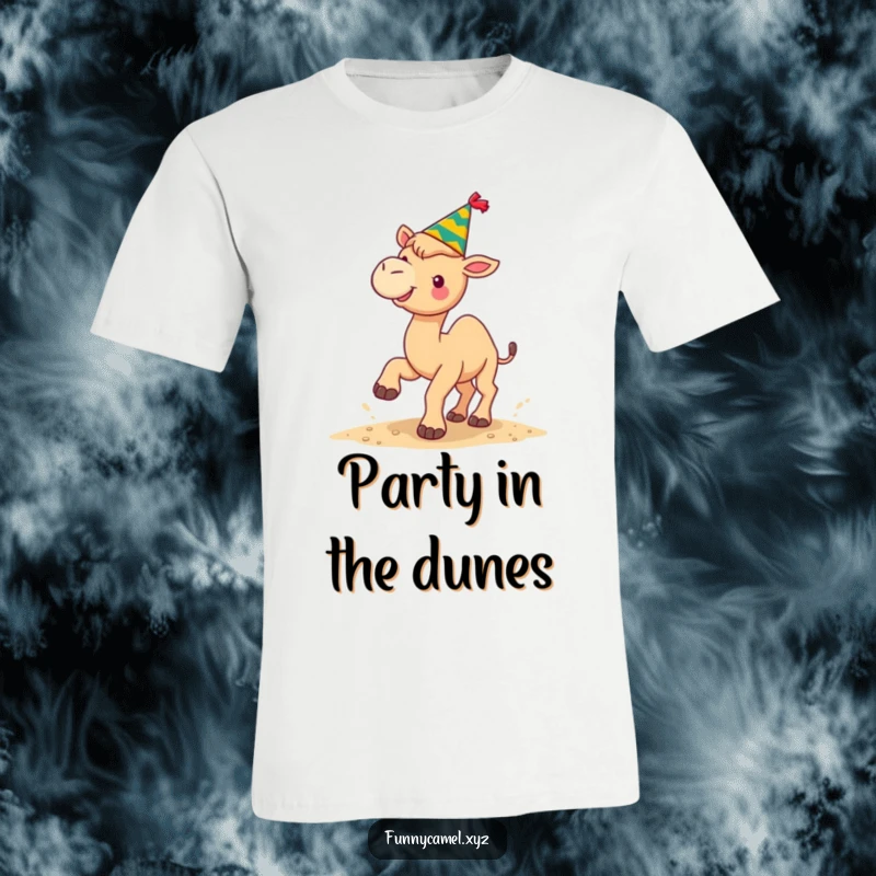 Funny kawaii camel wearing a small festive hat, kicking up sand with excitement, printed on a t-shirt.