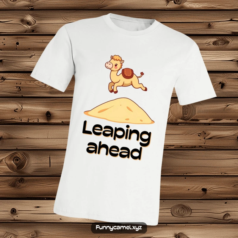 Funny Kawaii Camel T-Shirt featuring a cute camel leaping gracefully over a stylized dune, full of energy.