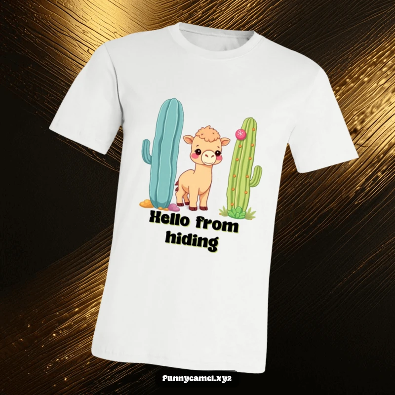 Funny shy kawaii camel cautiously peeking around a vibrant, large cactus, printed on a comfortable t-shirt.