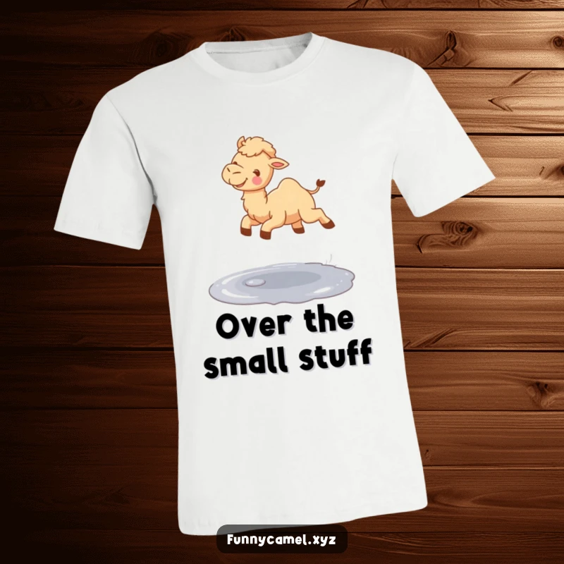 Funny cute camel mid-air, joyfully leaping over a small puddle, printed on a comfortable t-shirt.