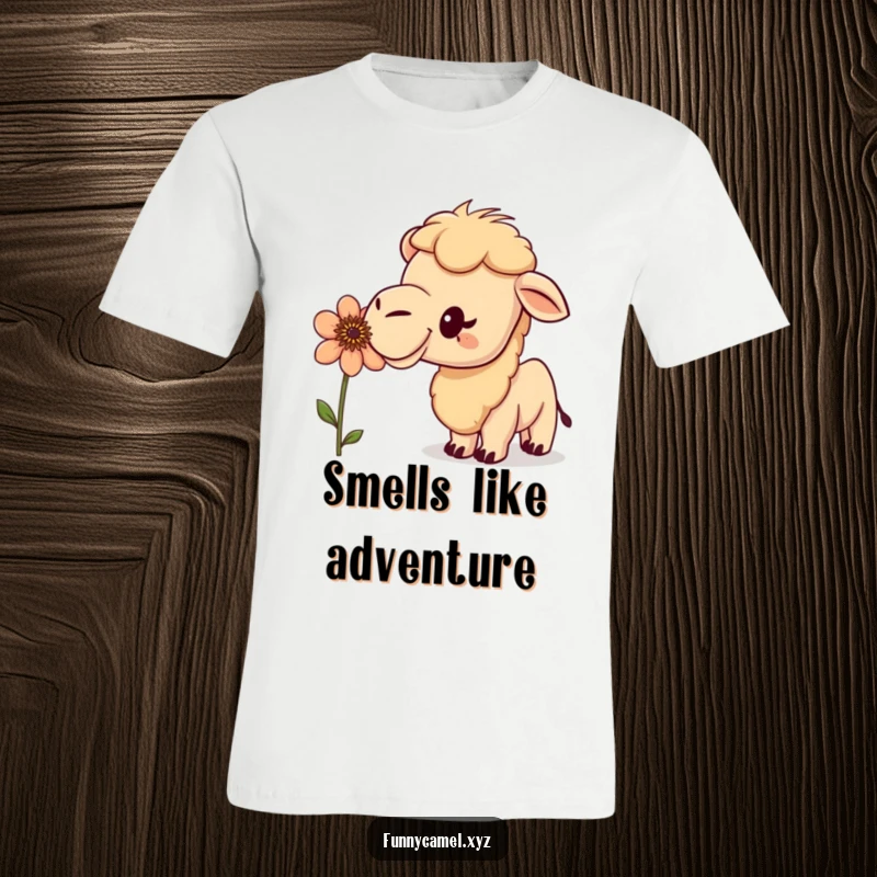 Funny curious camel enthusiastically sniffing a peculiar flower, depicted on a comfortable t-shirt, celebrating nature's funny surprises.