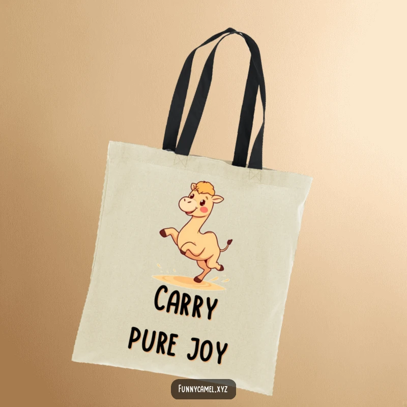 Funny tote bag showcasing a cute kawaii camel character joyfully kicking sand with both hind legs, symbolizing desert play and happiness.