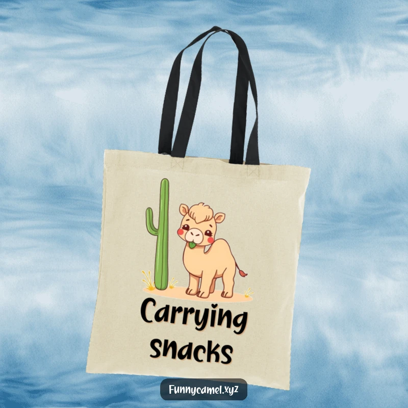 Funny Kawaii Camel Tote Bag featuring a cute camel playfully chewing an abstract desert plant, stylish and humorous.