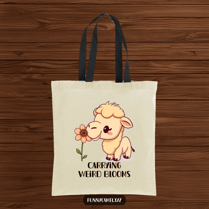 Funny curious camel sniffing a peculiar flower with an excited bobble on a durable tote bag, ideal for humorous expeditions.