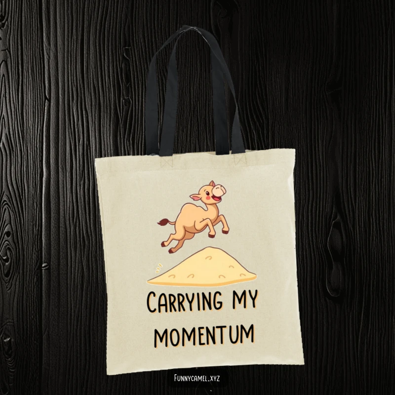 Funny determined camel leaping joyfully over a small sand dune on a durable tote bag, ideal for humorous adventures.