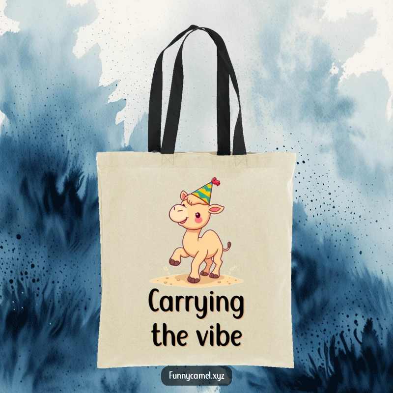 Funny kawaii camel wearing a festive hat, kicking sand upwards, on a durable and cheerful tote bag.