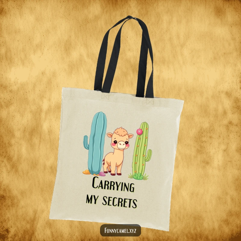 Funny shy kawaii camel peeking around a large, colorful cactus, on a durable and cute tote bag.